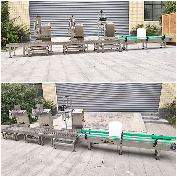 桶裝全自動稱重式灌裝旋蓋聯(lián)動線實拍